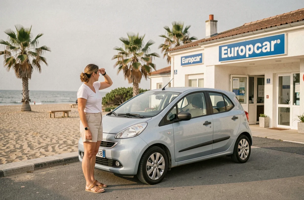 Agence Europcar Atlantique à La Baule ou Le Pouliguen avec une cliente inspectant un véhicule de location près de la côte atlantique