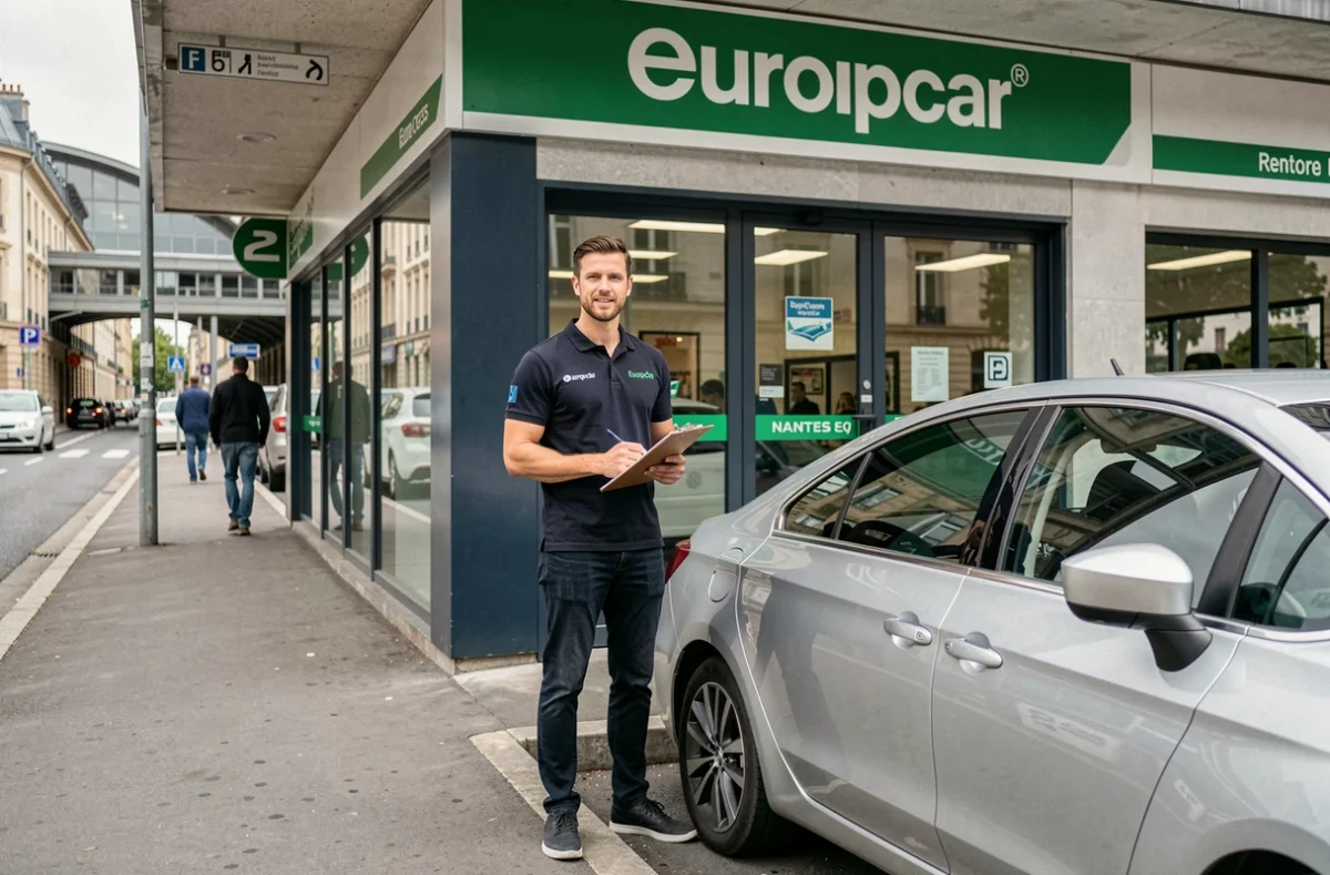 Agence Europcar située près de la gare sud de Nantes avec un employé remettant les clés d'un véhicule de location à un client