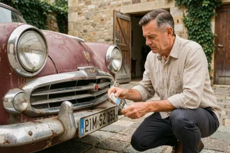 Homme examinant la plaque d'immatriculation d'une voiture ancienne dans une cour en pierre, histoire et authenticité d'un véhicule de collection