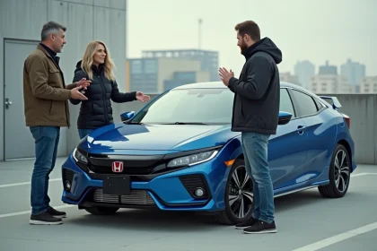 Trois experts automobiles près d'une Honda sportive en ville