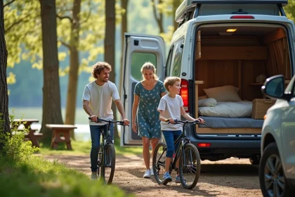Famille heureuse déchargeant des vélos devant leur camping en forêt