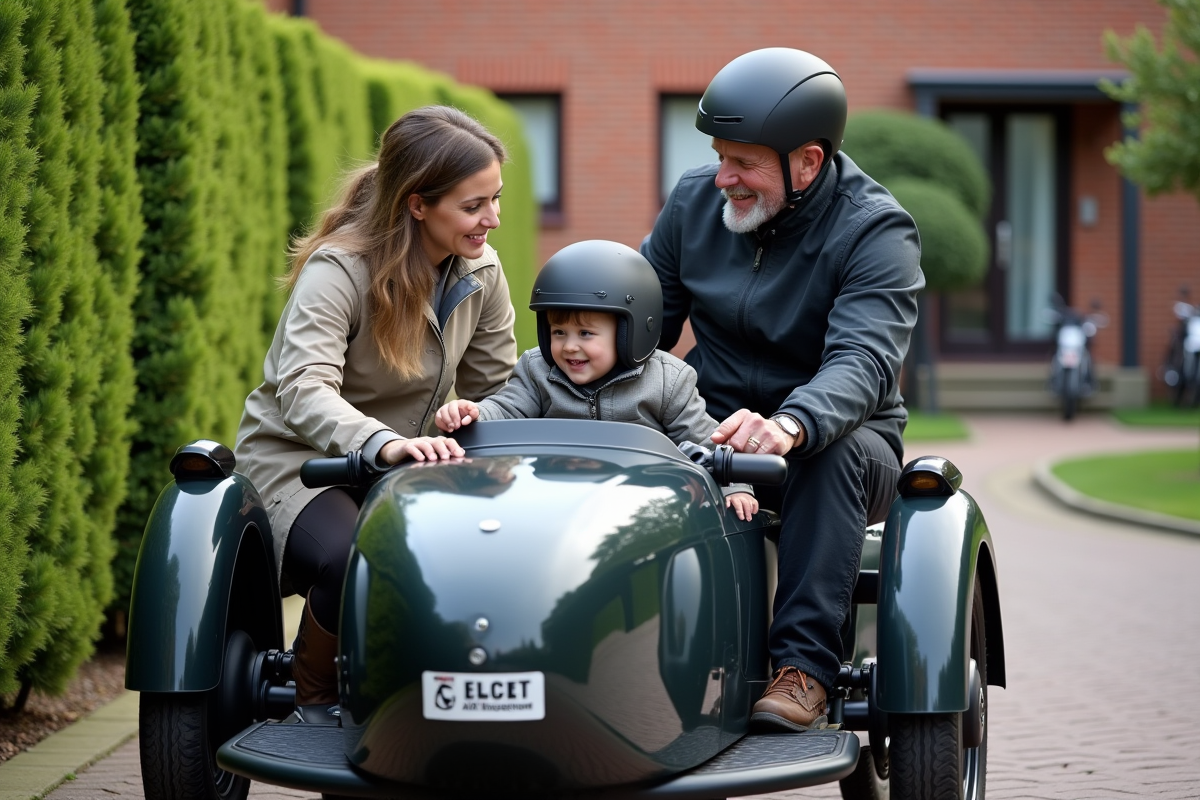 Famille autour d un sidecar de moto dans une cour