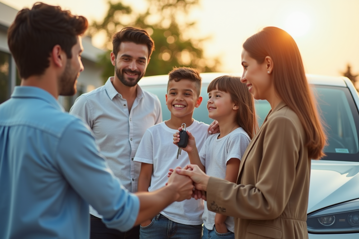 Famille heureuse avec voiture électrique neuve à la concession