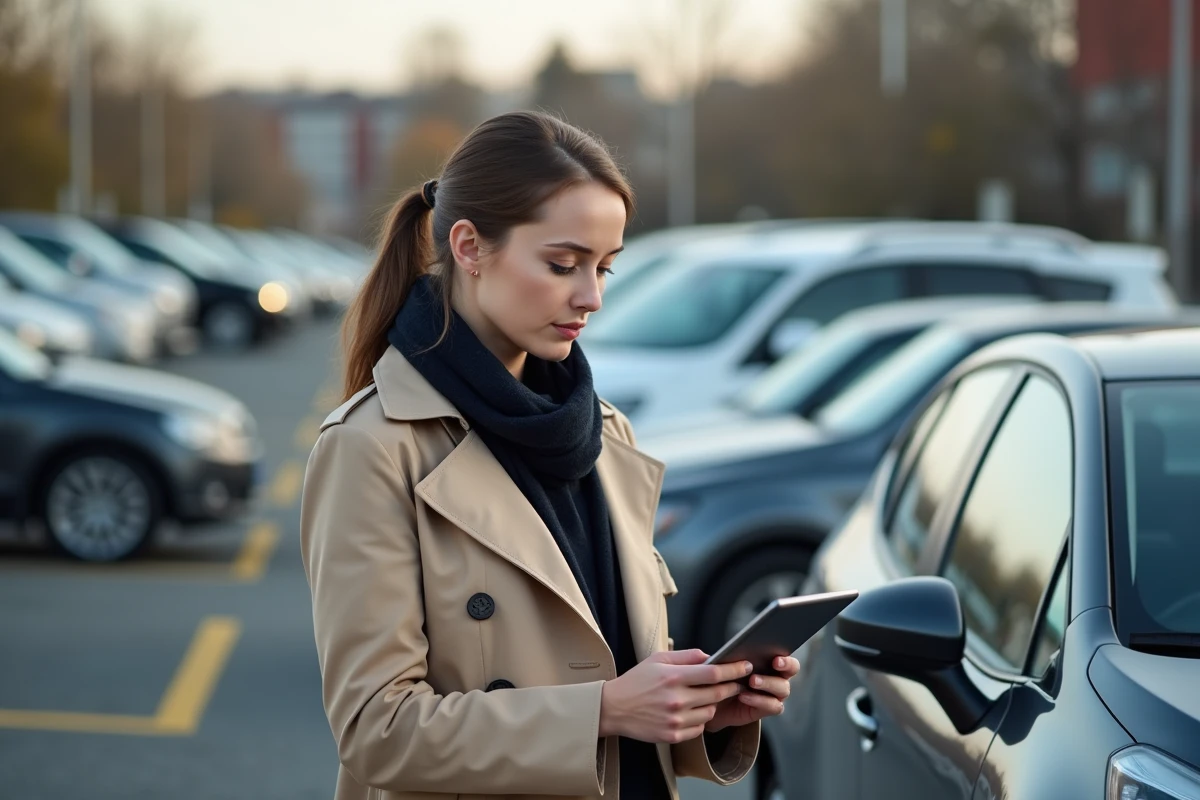 Femme consulte guide de prix de voiture dans parking