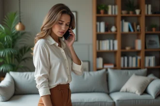 Femme d'affaires parlant au téléphone dans un salon moderne