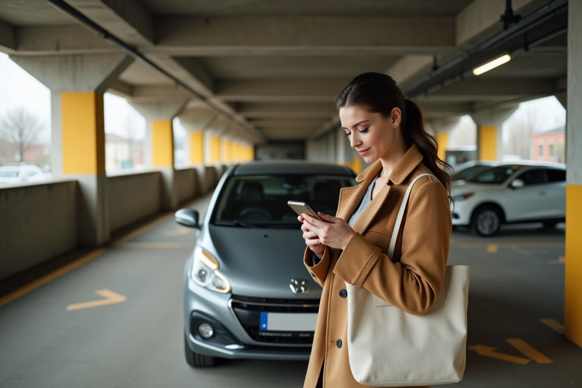 Femme consultant une application de parking sur smartphone dans un parking couvert à Valence