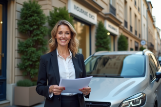 Femme d'affaires devant sa voiture avec documents d'assurance