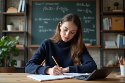 Jeune femme en bureau étudiant une formule mathématique
