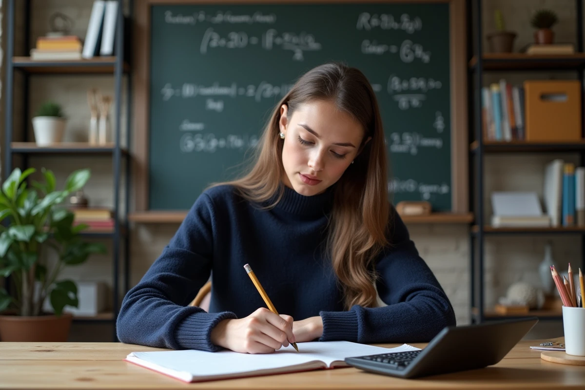 Jeune femme en bureau étudiant une formule mathématique