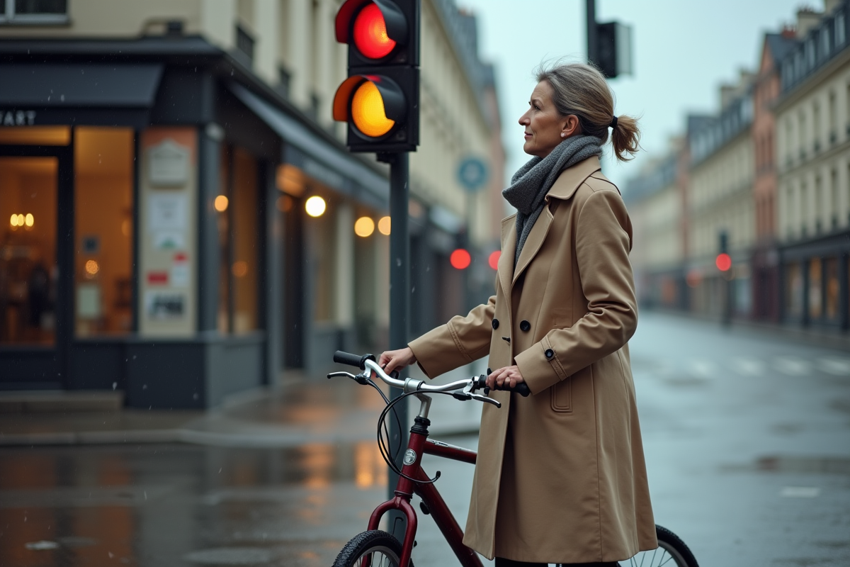Femme en trench et foulard attendant au feu avec un vélo sous la pluie
