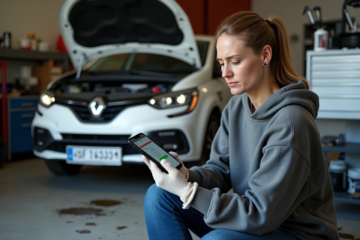 Femme comparant un schéma de fusibles de Mégane 3 sur smartphone avec le couvercle de boîte à fusibles dans un garage