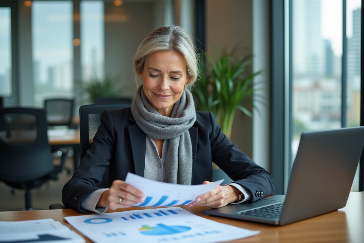 Femme analysant des devis sur un bureau moderne
