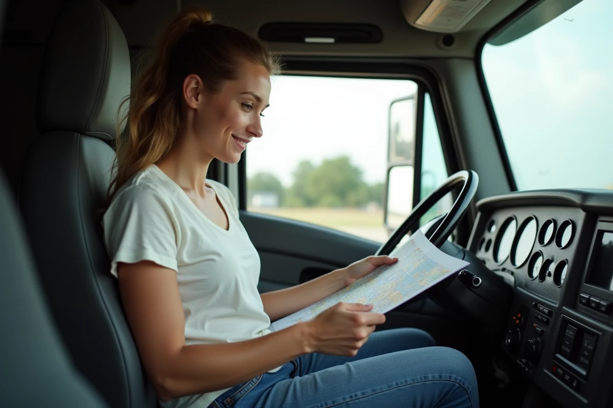 Jeune femme dans le camion lisant une carte routière