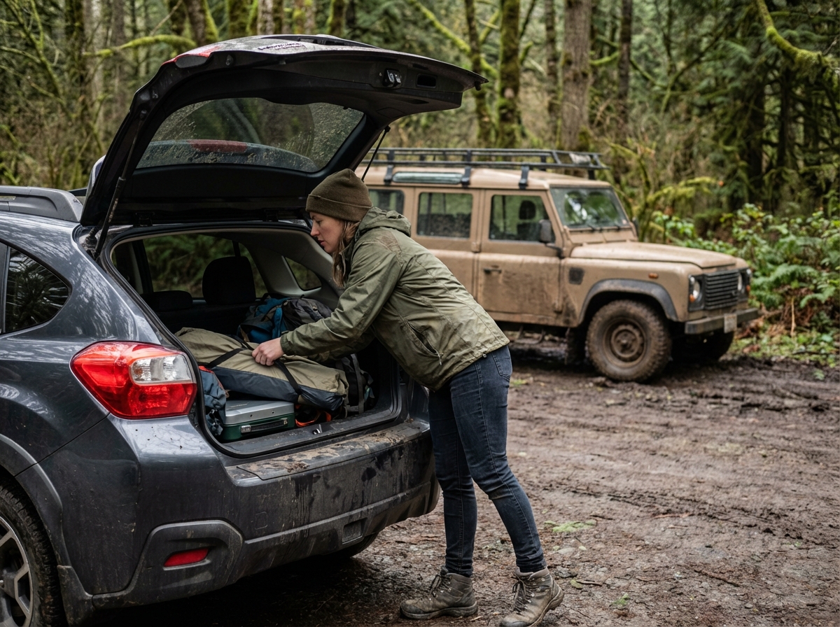 Jeune femme chargeant équipement dans un SUV en forêt