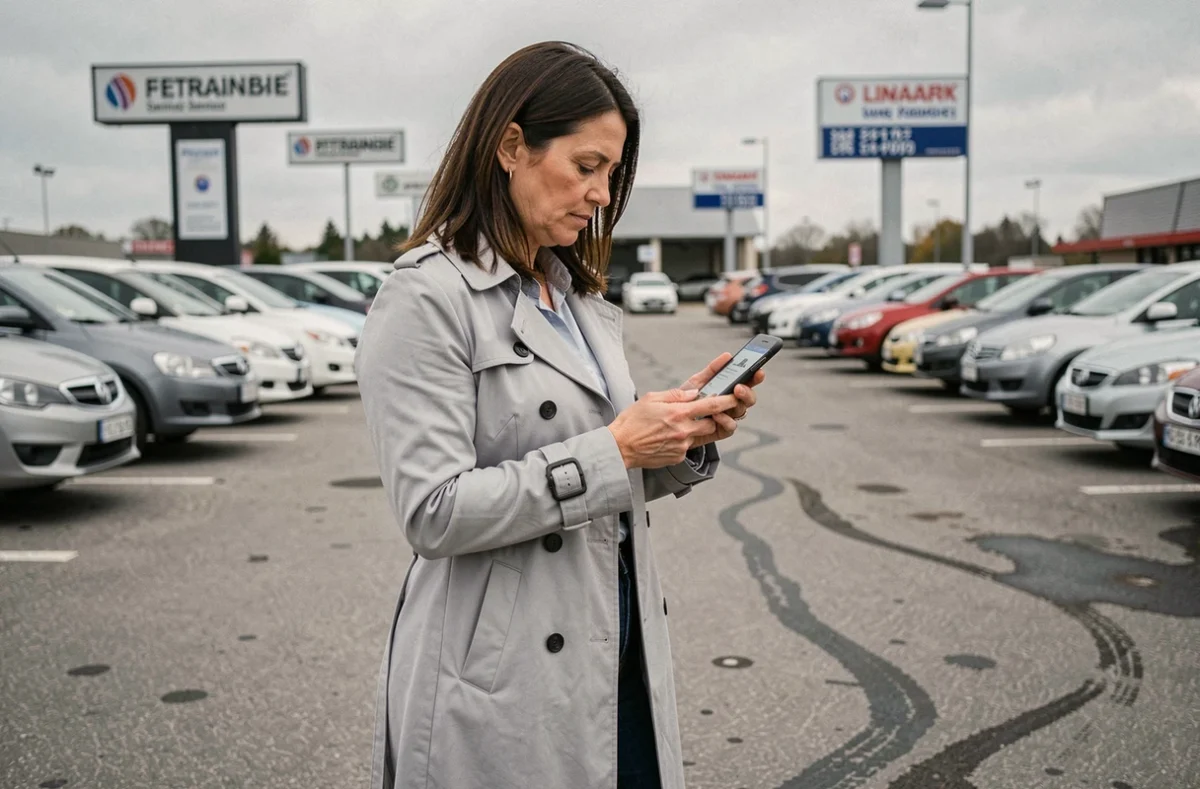 Femme comparant des annonces de voitures sur smartphone dans un parc de véhicules d'occasion