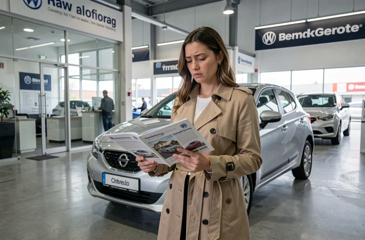 Femme hésitante dans une concession automobile comparant des brochures de location longue durée sans apport