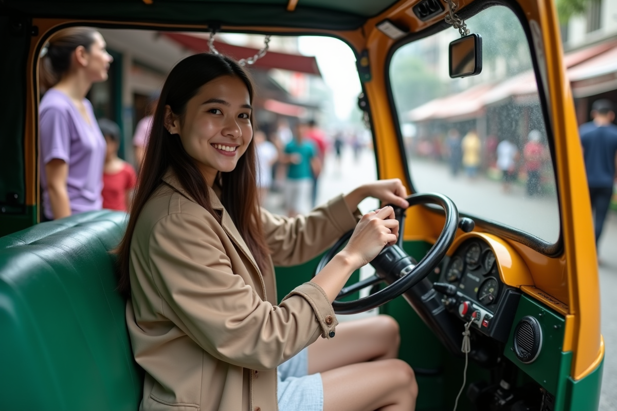 Jeune femme dans un tuk tuk pointant le tableau de bord