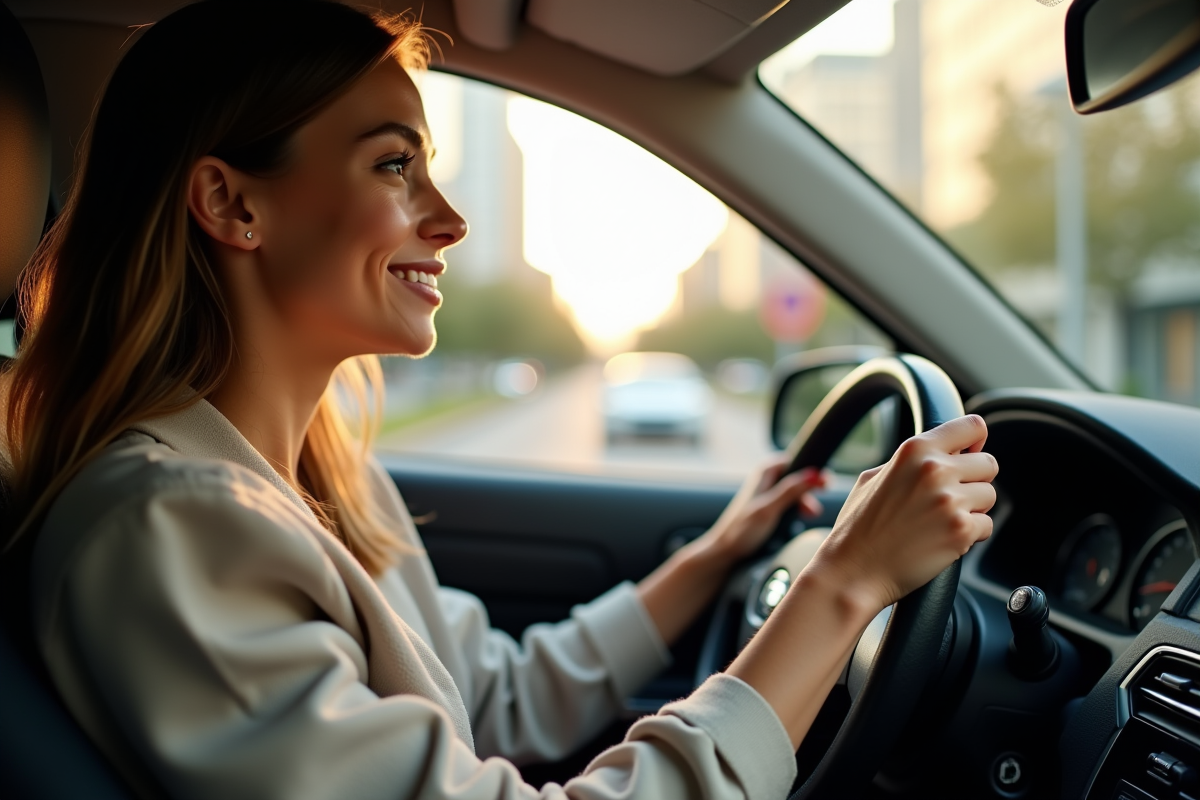 Jeune femme confiante conduisant seule en ville en journée