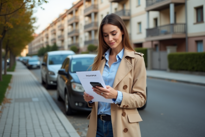 Femme avec contrat d'assurance et téléphone en extérieur