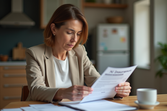 Femme d'âge moyen examine des documents d'assurance à la cuisine