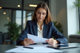 Femme professionnelle examine documents de leasing voiture