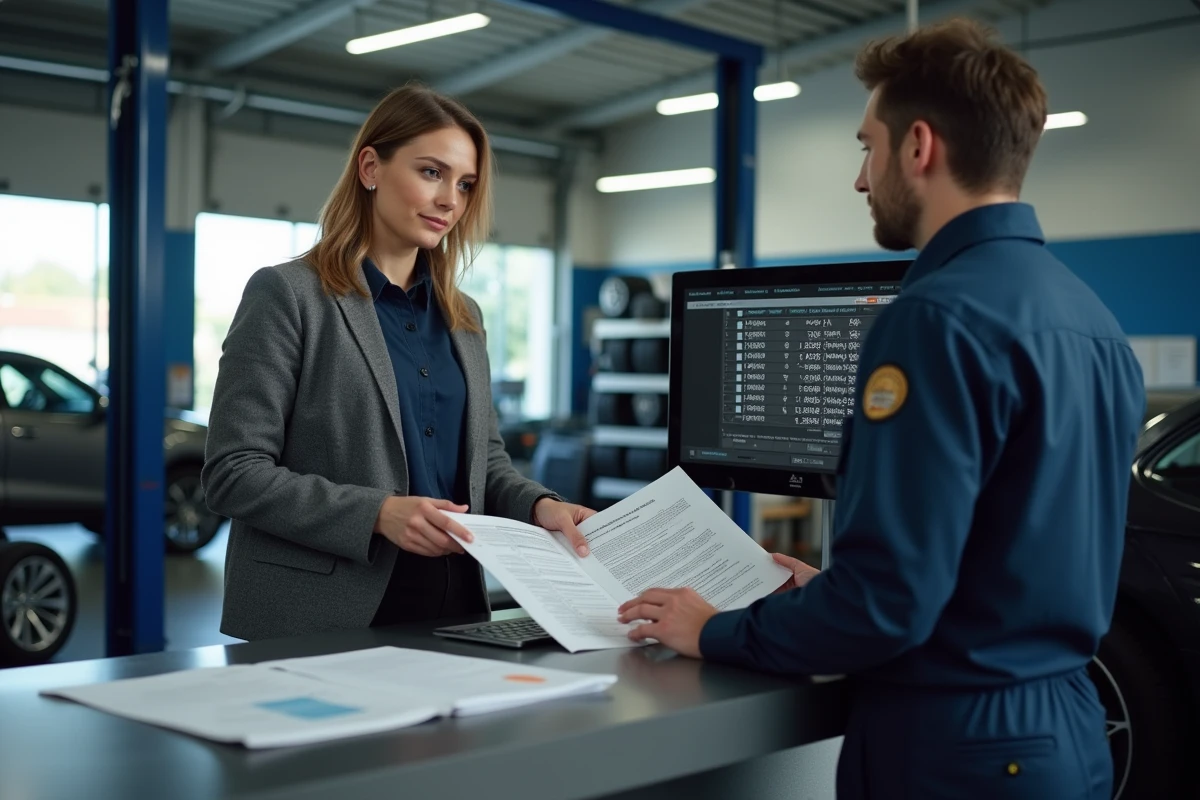 Femme et m&eacute;canicien discutant des sp&eacute;cifications des pneus en atelier