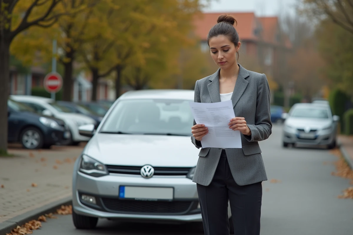 Femme consultant un formulaire de cession de vente PDF debout à côté d'une voiture dans un parking résidentiel