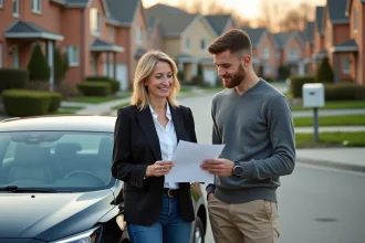 Femme et jeune homme vérifiant un document de registration devant une voiture