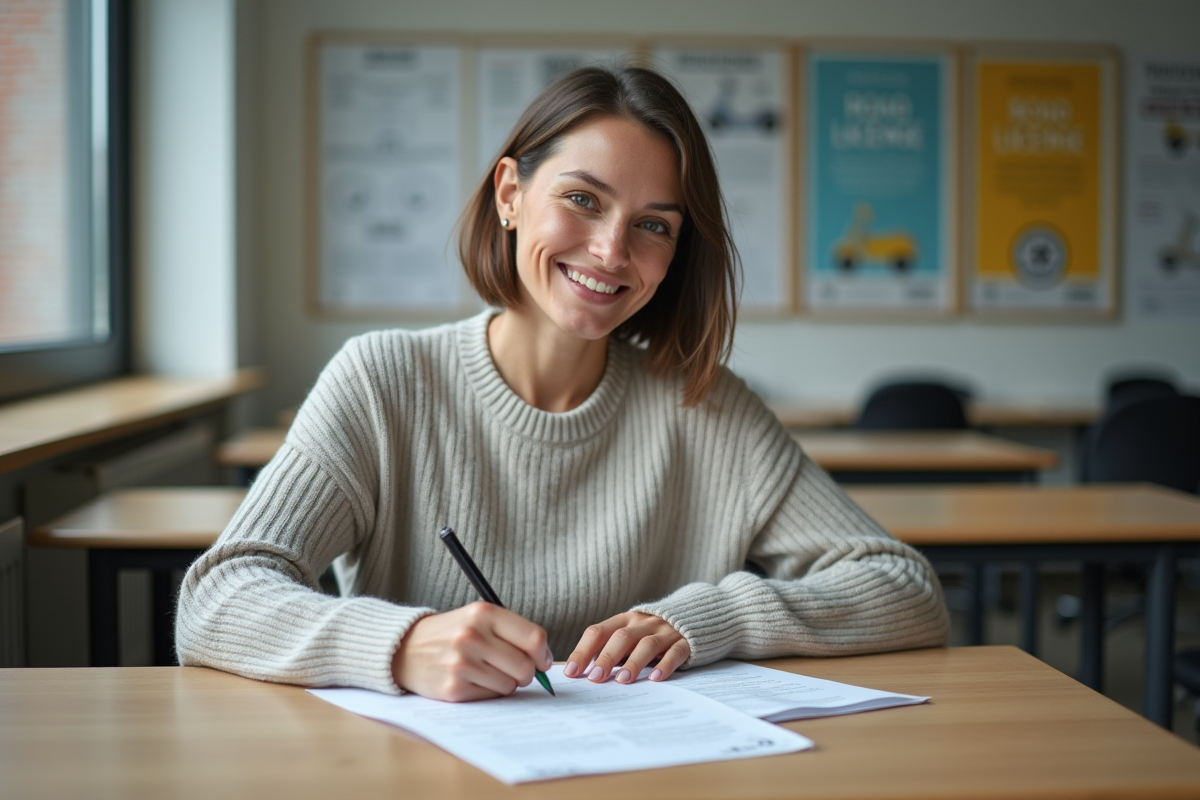 Jeune femme remplissant formulaire pour permis scooter