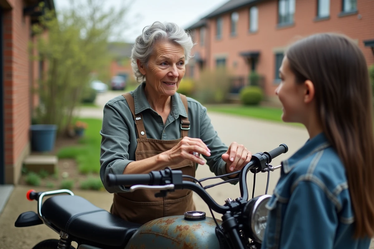 Femme m&eacute;canicienne conseille une jeune fille devant une moto