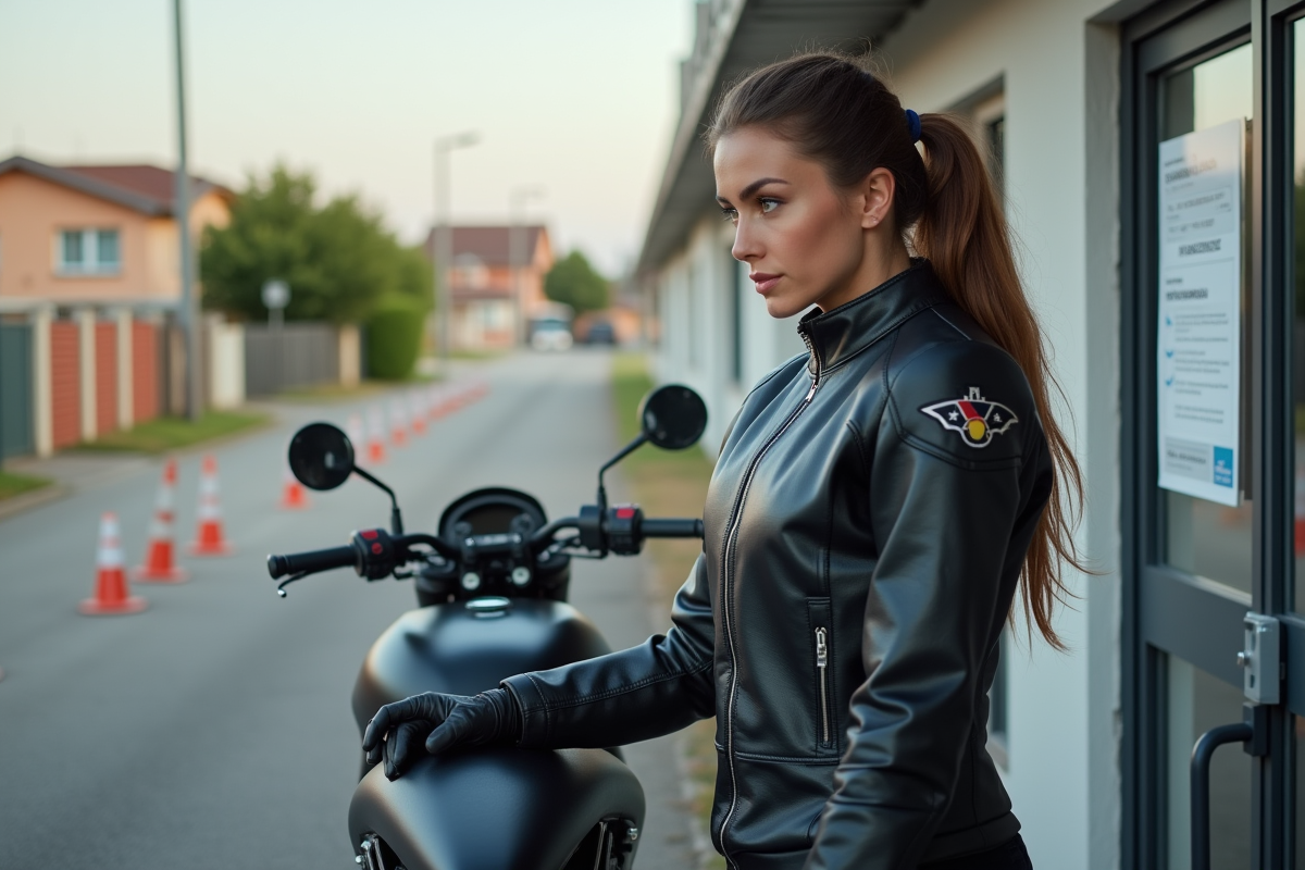 Femme en équipement moto regardant un tableau de prix devant une moto