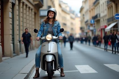 Femme en denim et casque moto garée en ville