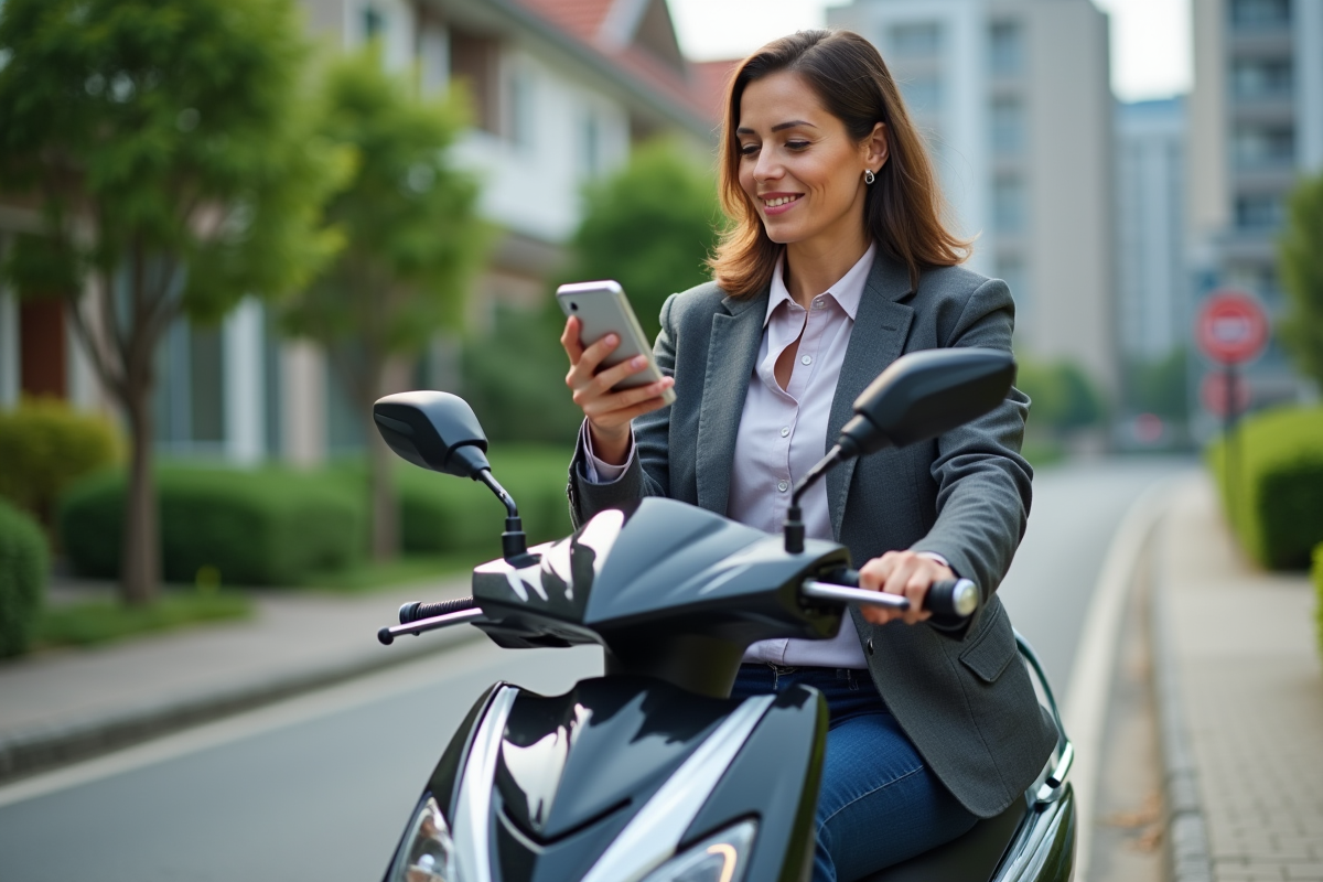 Femme d age moyen consulte son smartphone sur moto 125cc