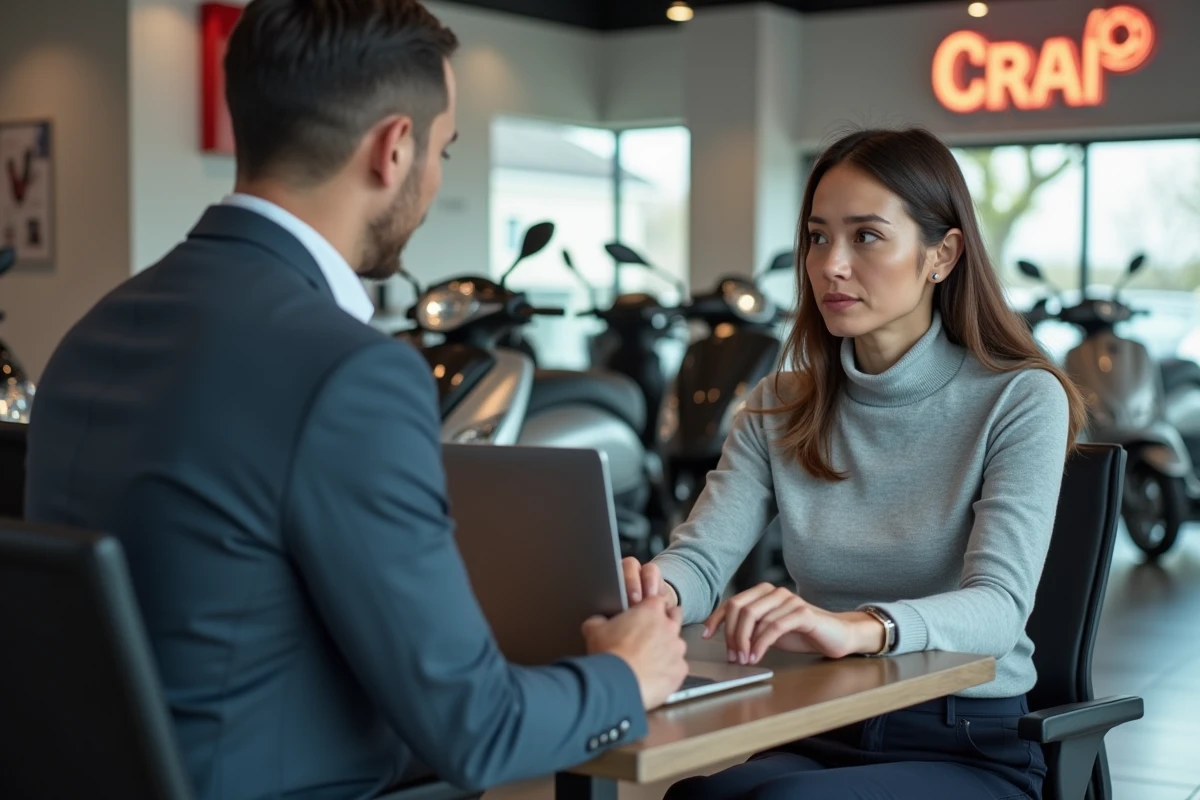 Femme négociant le prix d'un scooter avec un vendeur dans une concession, tableau de bord tarifaire visible sur ordinateur