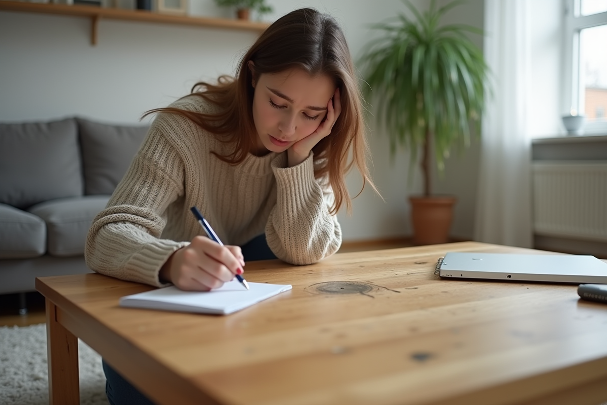 Jeune femme examinant une rayure sur un meuble en bois