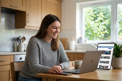 Jeune femme souriante compare annonces auto en cuisine