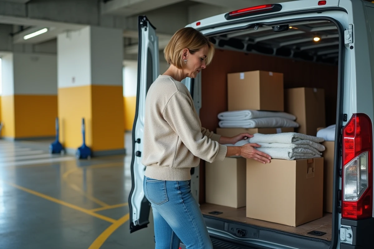 Femme organis&eacute;e dans la camionnette de d&eacute;m&eacute;nagement en int&eacute;rieur
