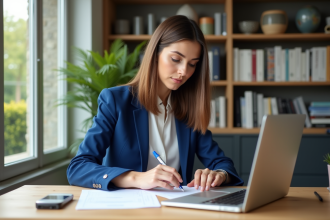 Femme remplissant documents de voiture dans un bureau lumineux