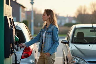 Jeune femme avec Peugeot 206 à la station essence