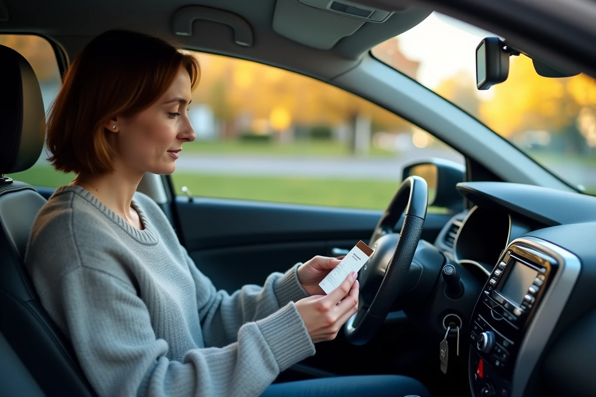 Femme consultant un pré-code radio dans l'habitacle d'une Renault Megane garée dans une rue résidentielle