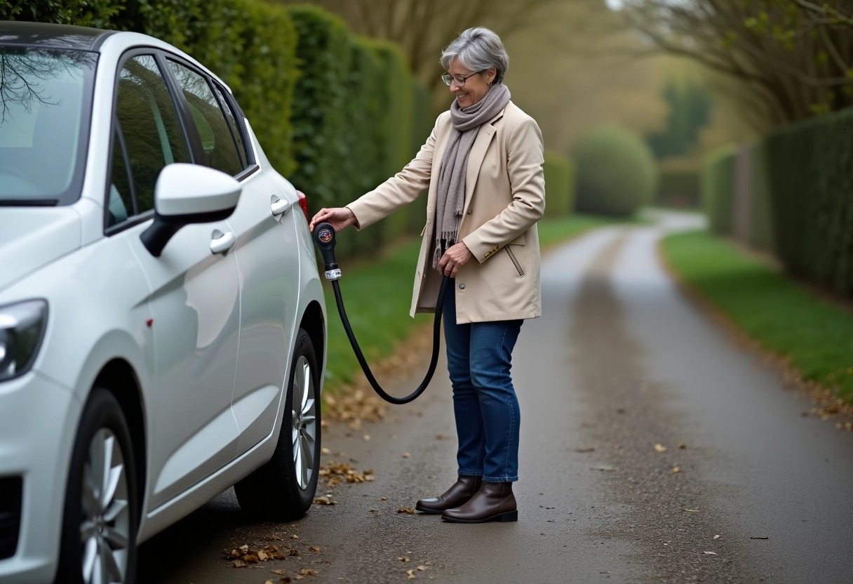 Femme vérifiant la pression des pneus de sa voiture