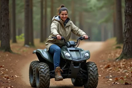 Femme en windbreaker sur quad électrique en forêt