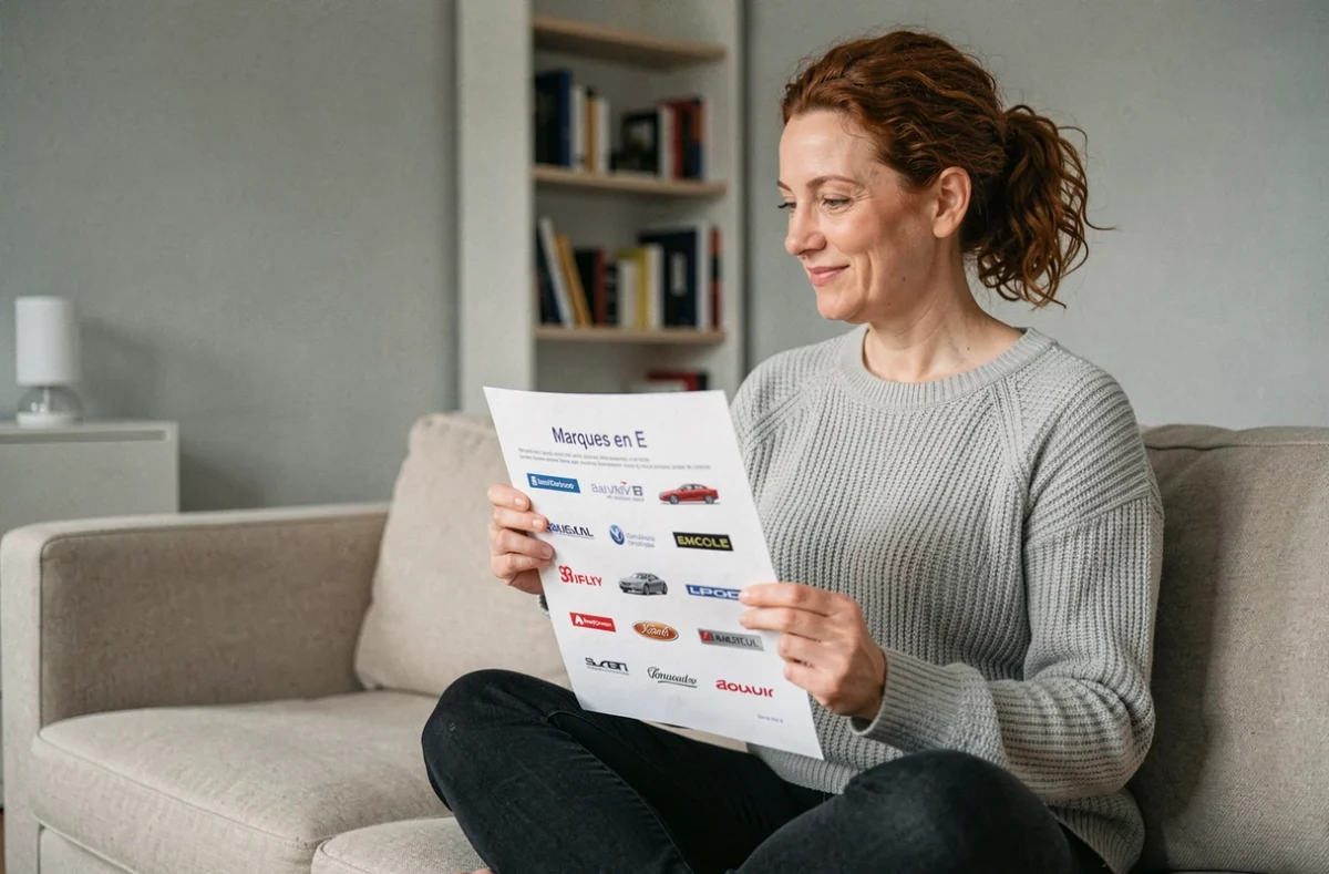 Femme consultant une fiche quiz sur les marques de voiture commençant par E dans un salon moderne