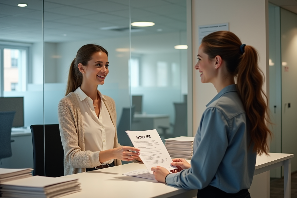 Jeune femme remettant un formulaire à une employée dans un bureau français