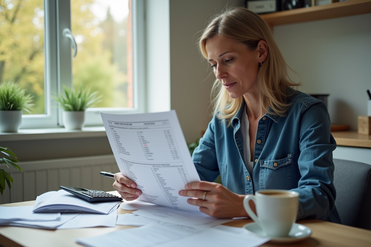 Femme d'âge moyen vérifiant un rapport de dépenses de voyage