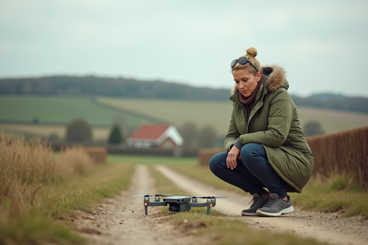 Femme en campagne lançant un drone au sol
