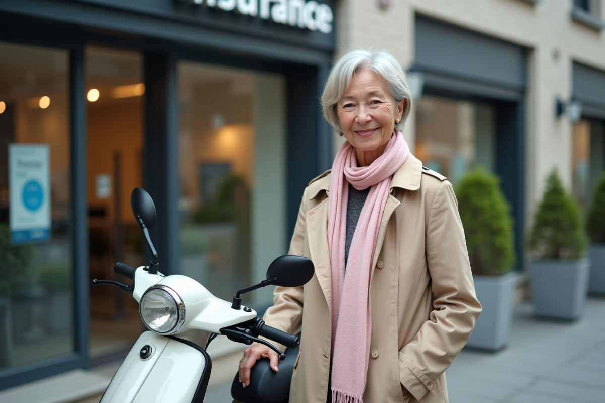 Femme souriante avec scooter devant un bureau moderne