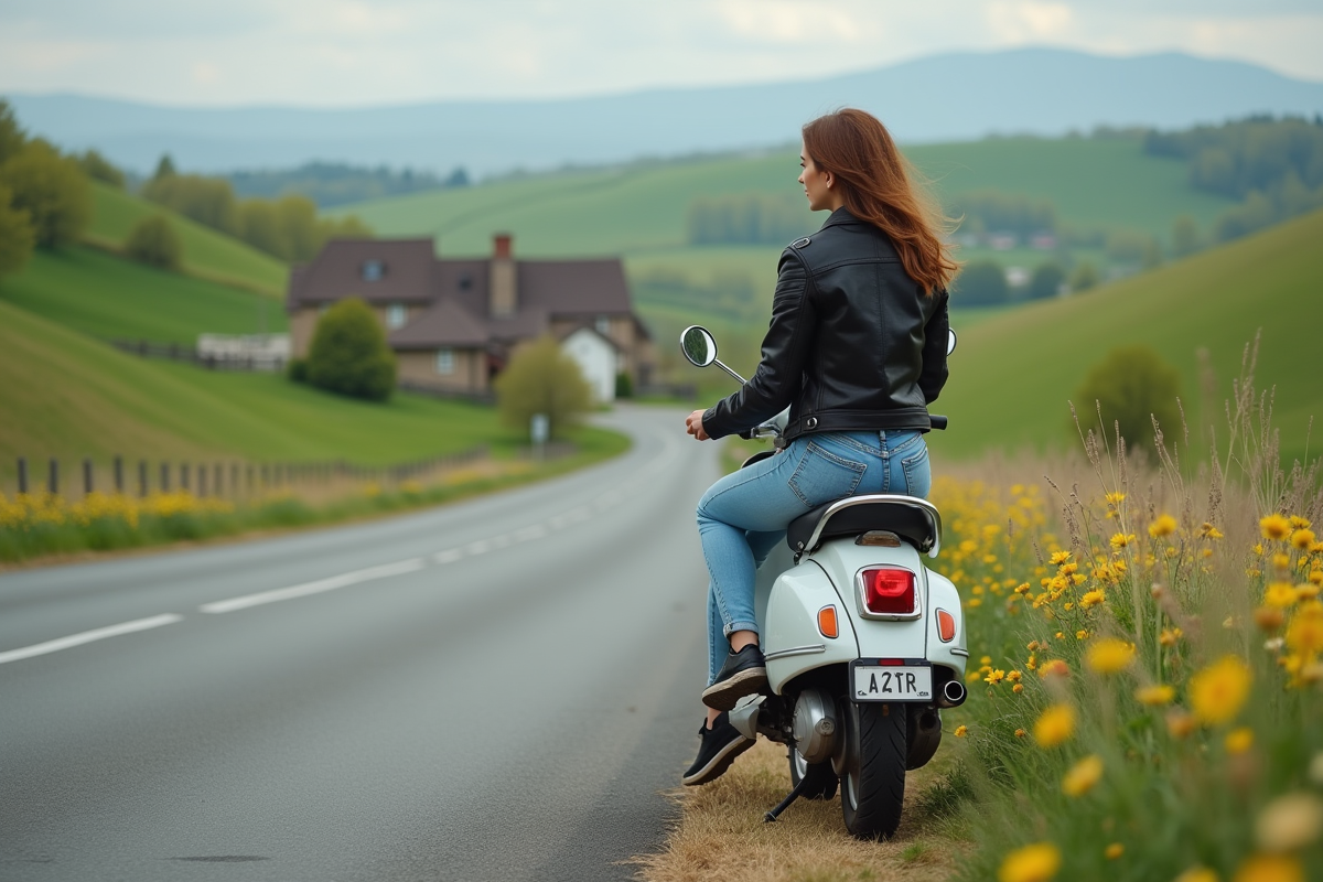 Jeune femme en denim sur un scooter en campagne