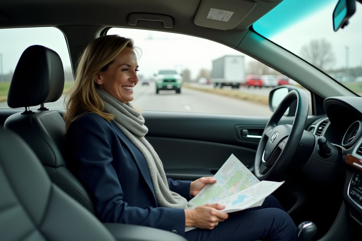 Femme souriante dans sa voiture au service autoroute