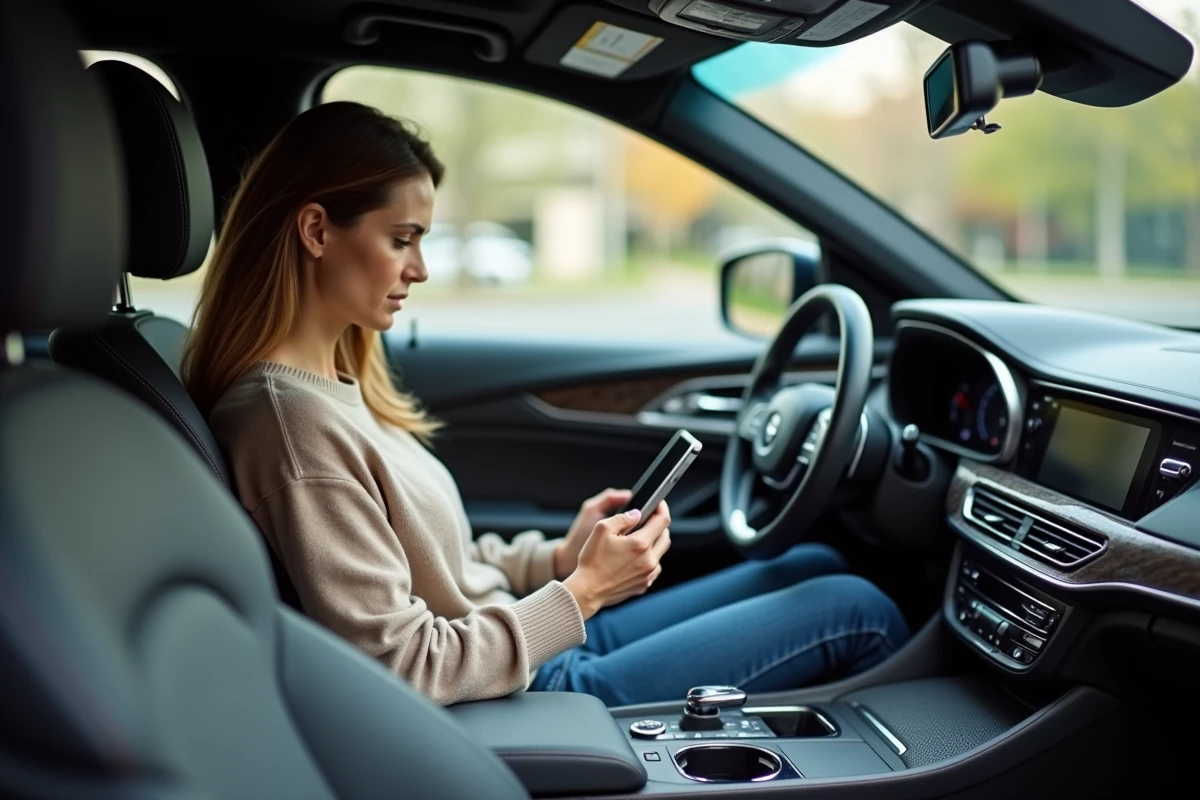 Femme en intérieur de SUV vérifiant une tablette
